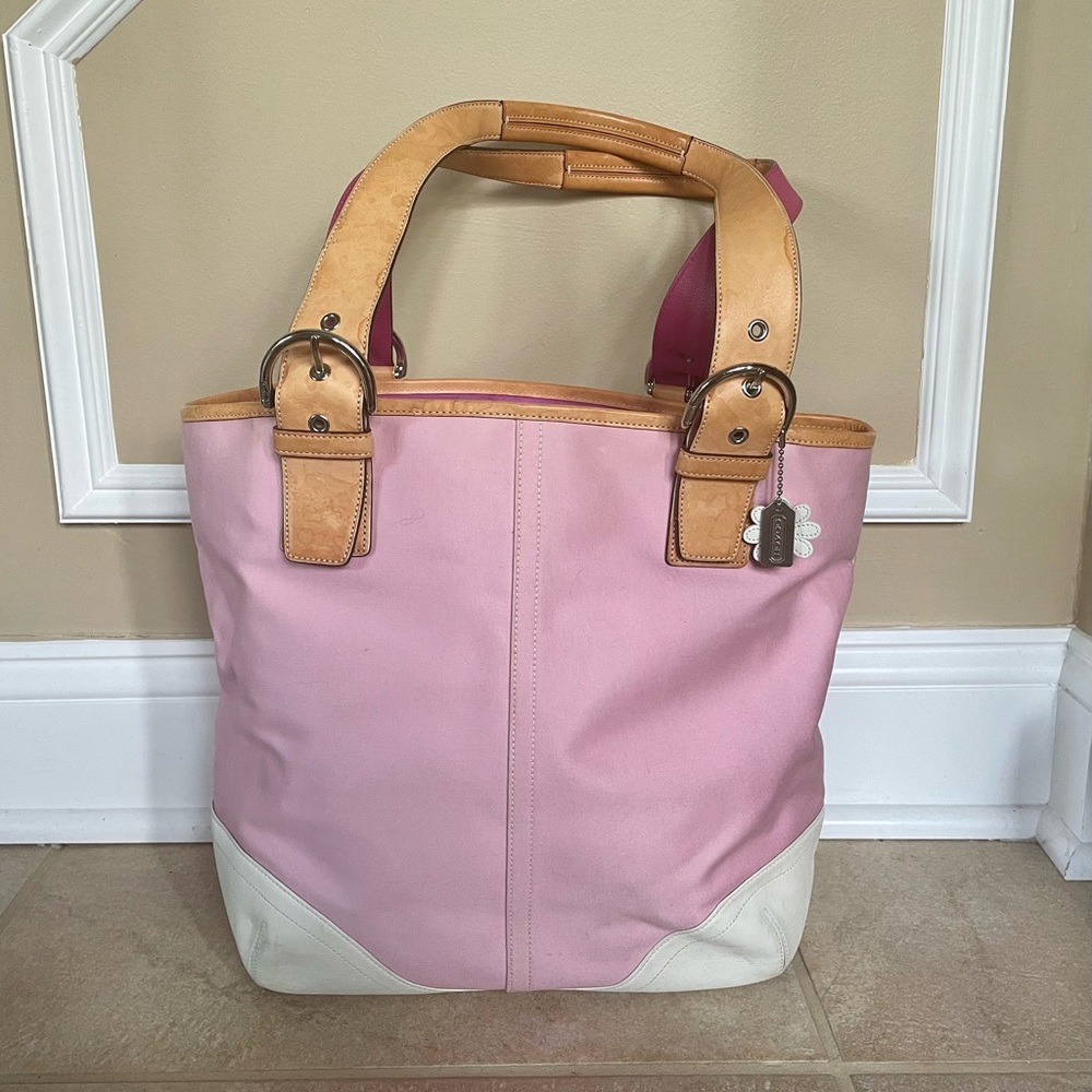 Coach Soho Multifunctional Canvas Leather Tote Cream Trim Rare Pink Canvas Daisy